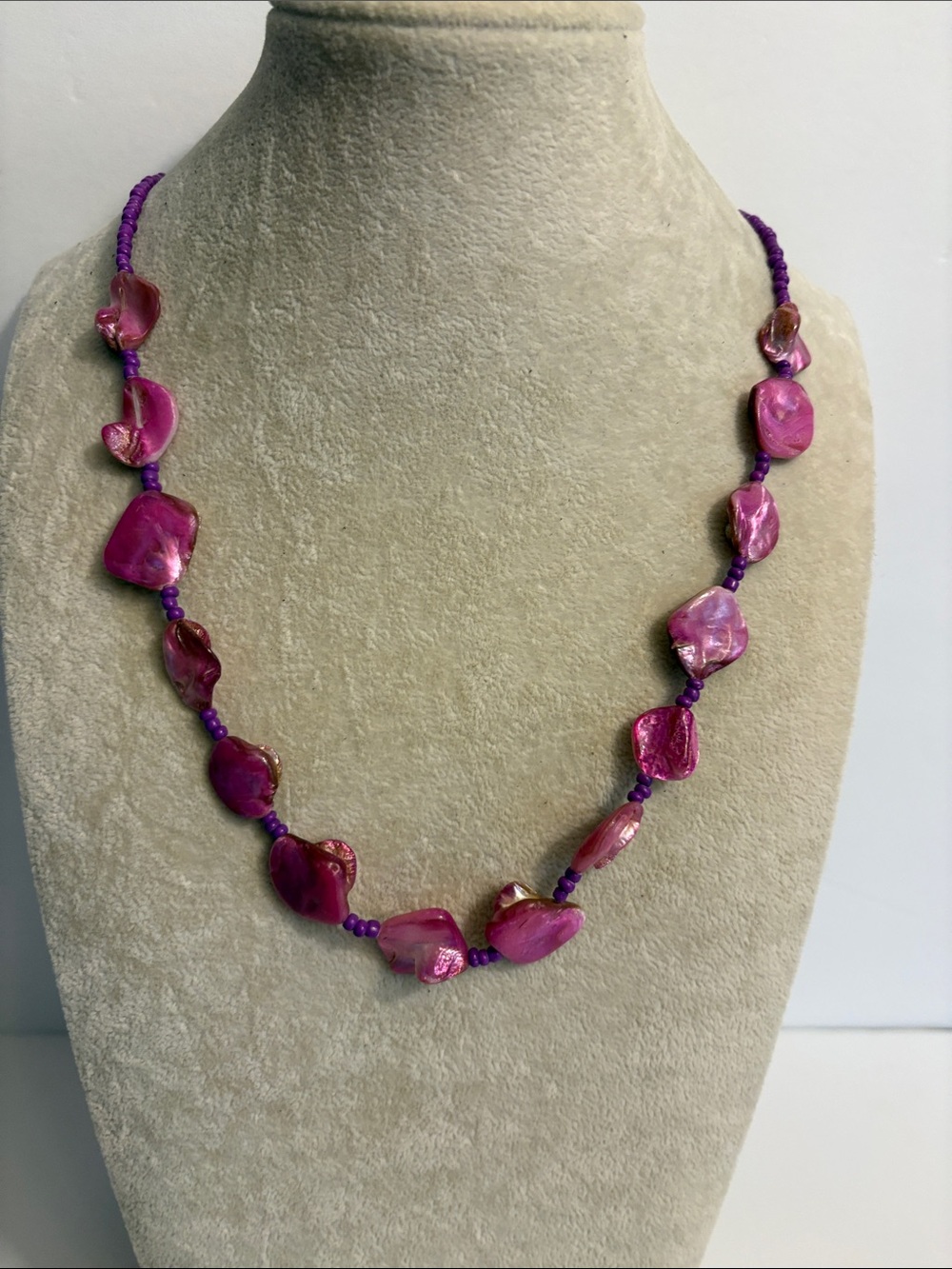 Boho Purple Shell Statement Necklace Iridescent Beaded Artisan Style 28”